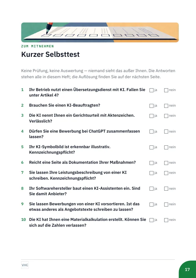 Handout-Seite mit dem kurzen Selbsttest: zehn Fragen zum Ankreuzen