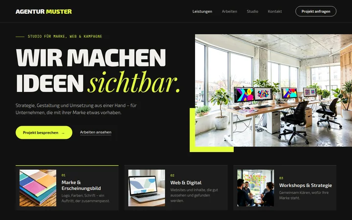 Beispiel einer Startseite: Werbe- und Designagentur (Musterfirma Agentur Muster)