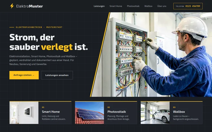 Beispielseite eines Elektrobetriebs in Dunkel und Gelb