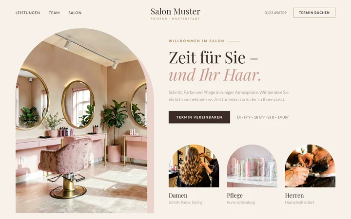 Beispielseite eines Friseursalons in hellen Tönen