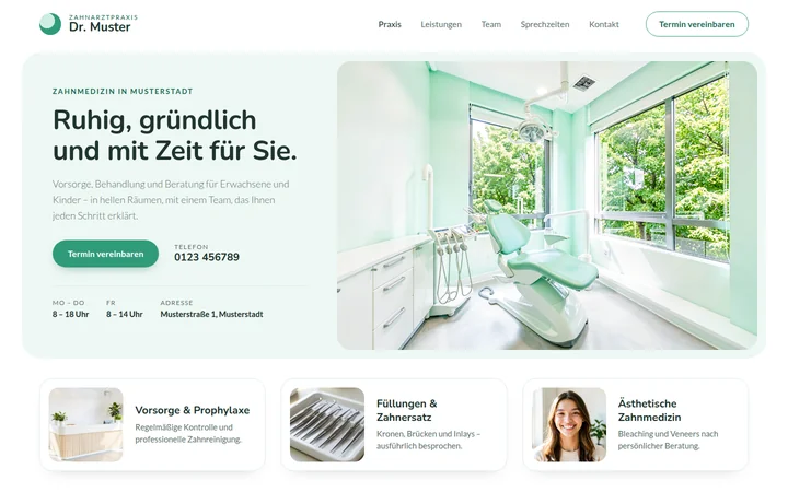 Beispiel einer Startseite: Zahnarztpraxis (Musterfirma Zahnarztpraxis Dr. Muster)